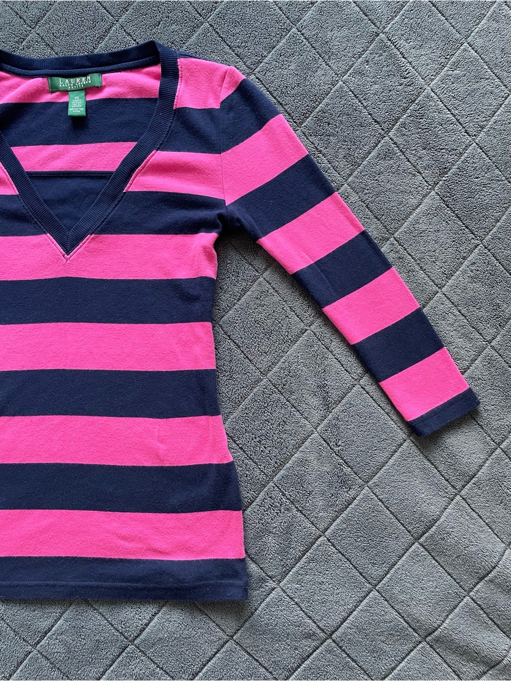 Ralph Lauren Pink and Navy Striped V-Neck Quarter Sleeve